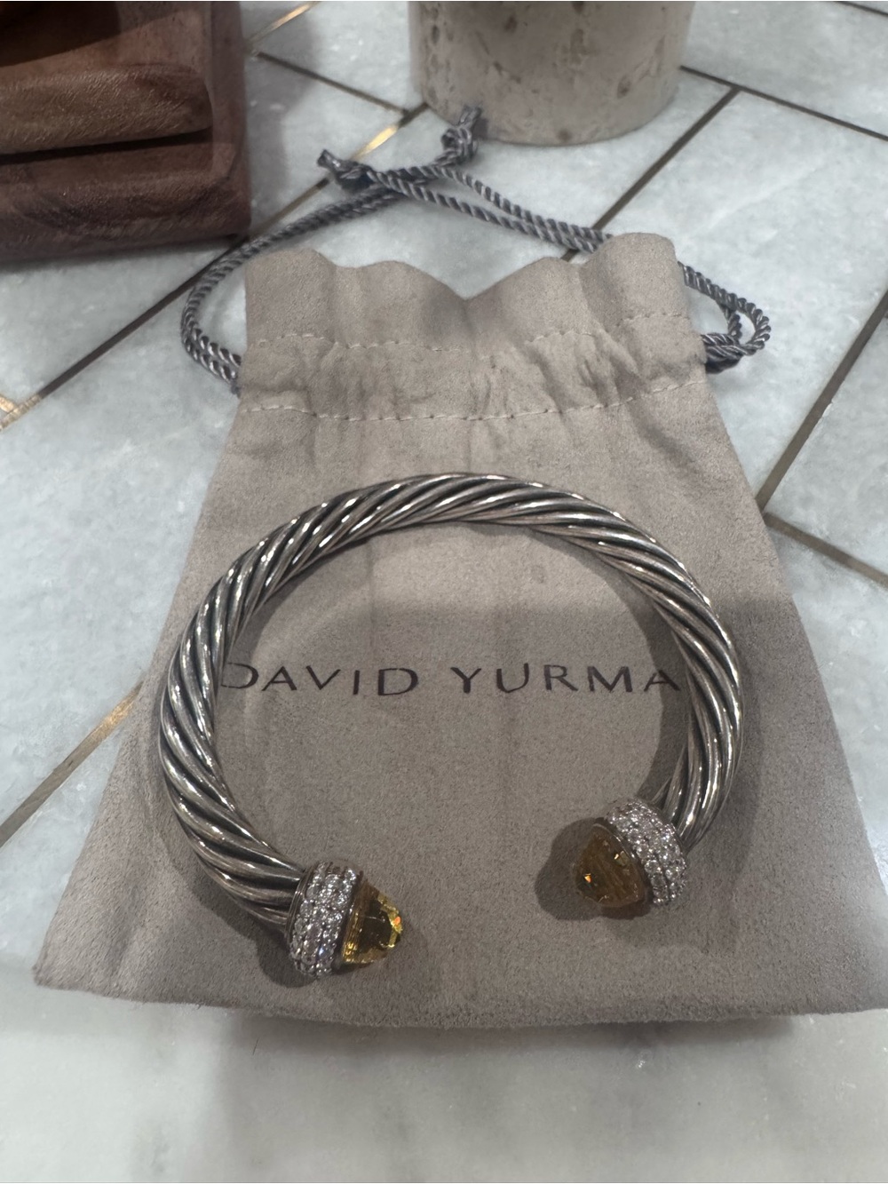 David Yurman Silver Cable Bracelet with Citrine and Diamond Caps